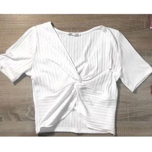 Zara white crop top t-shirt with tie detail